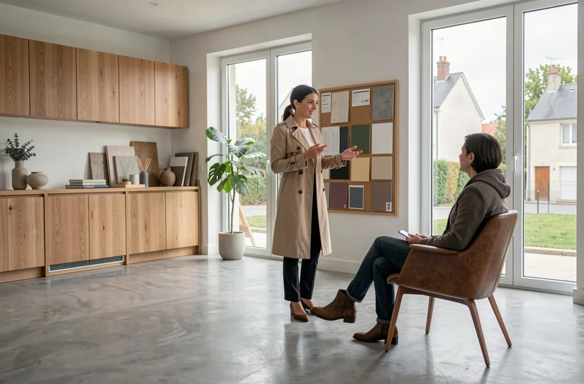 Designer d'intérieur présentant des échantillons de matériaux dans un studio de conception à Rillieux-la-Pape
