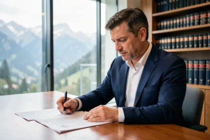 Homme d'affaires examinant un contrat immobilier dans un bureau de notaire en Andorre avec vue sur les Pyrénées