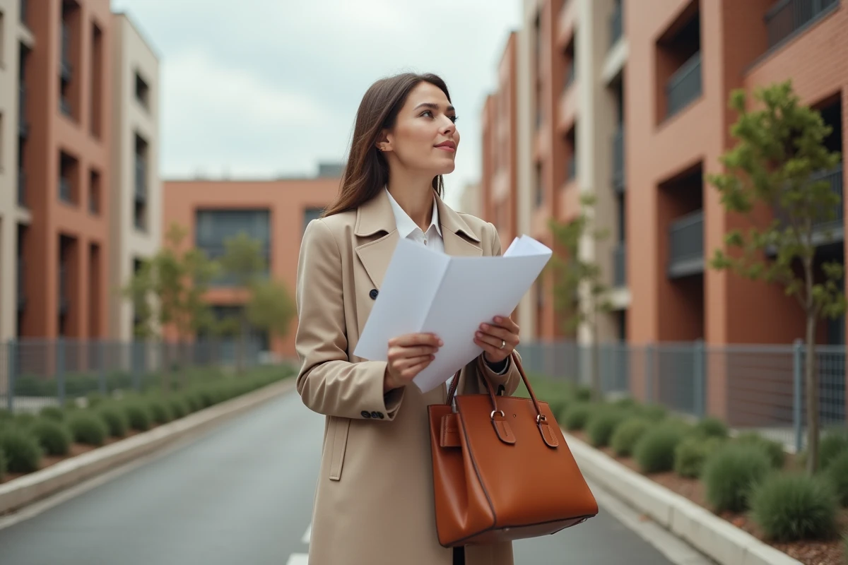 Femme professionnelle de l'immobilier devant un immeuble neuf dans une commune desservie par le Grand Paris Express