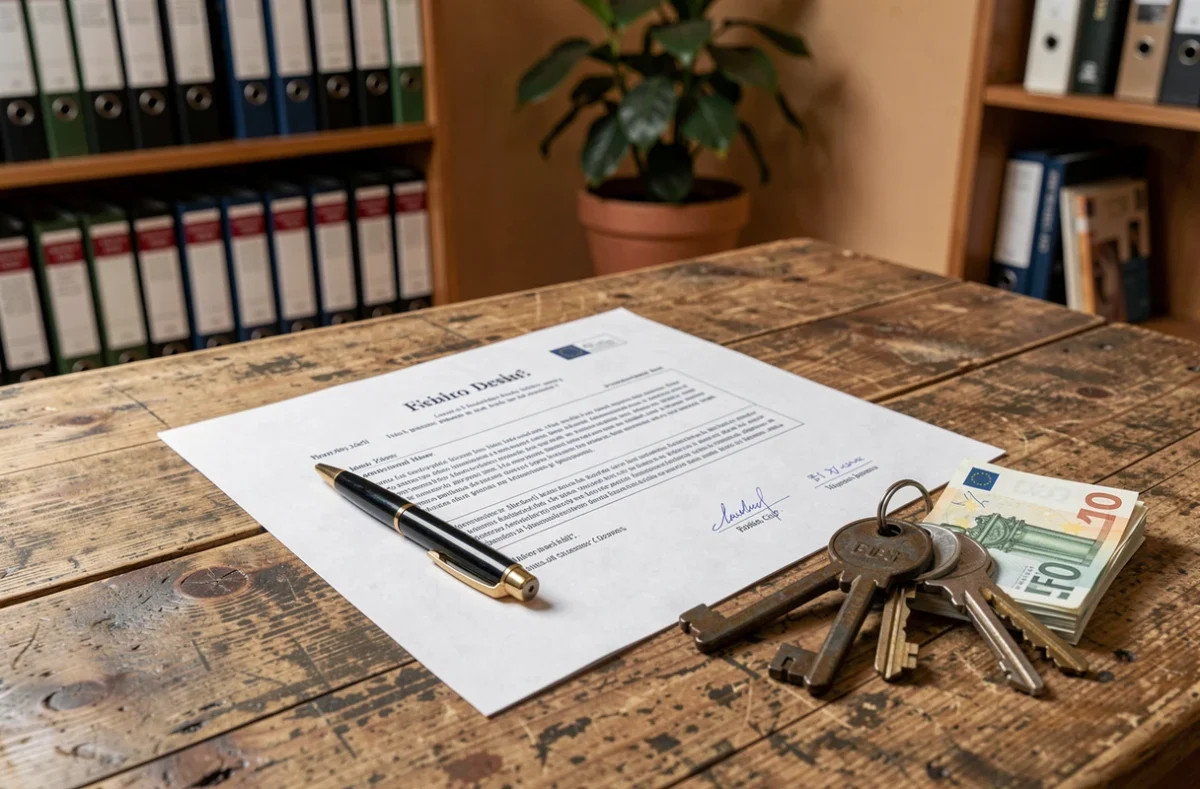 Acte de vente immobilier posé sur un bureau de notaire avec clés de maison anciennes et billets en euros