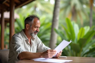 Homme occidental révisant des documents immobiliers en terrasse à Koh Samui avec architecture thaïlandaise en arrière-plan