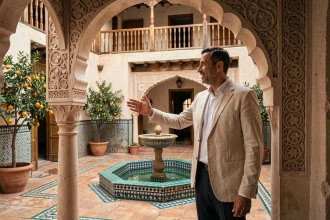 Agent immobilier présentant le patio intérieur d'un riad traditionnel à vendre à Marrakech avec fontaine en zellige et arcades en stuc
