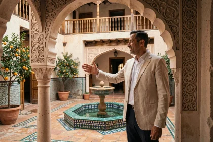 Agent immobilier présentant le patio intérieur d'un riad traditionnel à vendre à Marrakech avec fontaine en zellige et arcades en stuc