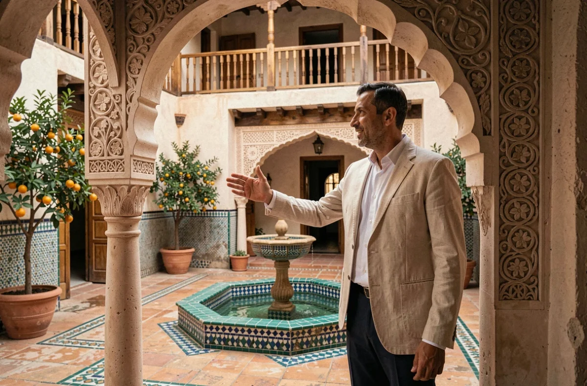 Agent immobilier présentant le patio intérieur d'un riad traditionnel à vendre à Marrakech avec fontaine en zellige et arcades en stuc