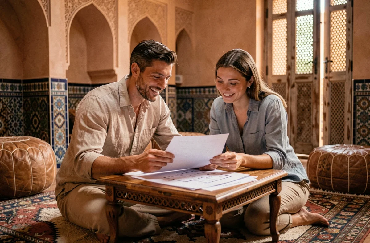 Couple d'acheteurs européens consultant les documents d'achat d'un riad à Marrakech dans un salon marocain traditionnel