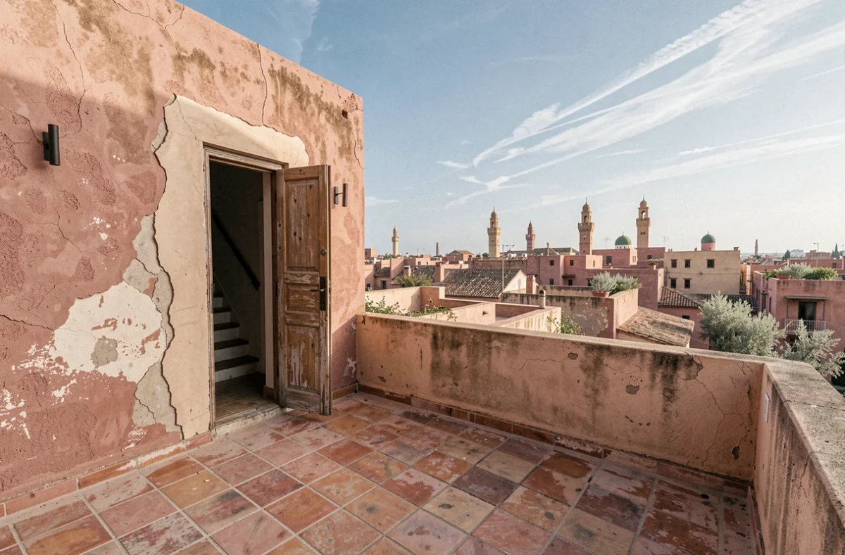 Terrasse de toit d'un riad à vendre dans la médina de Marrakech avec vue panoramique sur les toits et les minarets