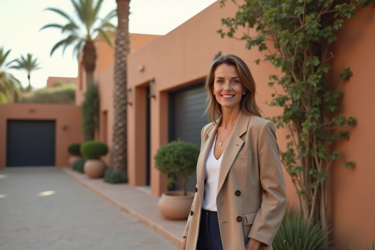 Agent immobilier présentant une villa moderne à des acheteurs dans le quartier Hivernage de Marrakech