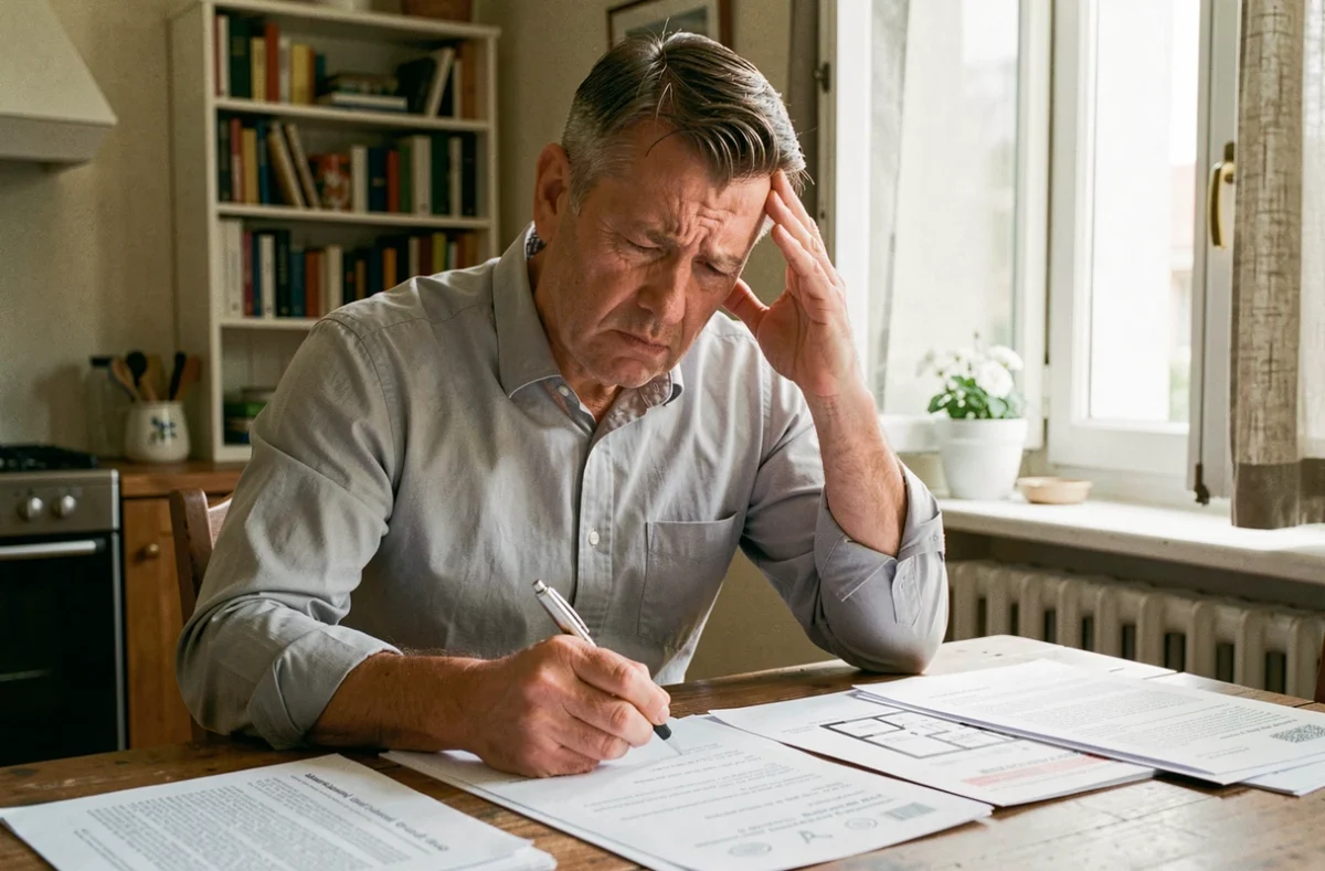 Acheteur immobilier trompé examinant des documents contractuels avec inquiétude à son domicile