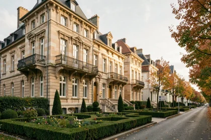 Vue panoramique d'un boulevard de prestige dans le Grand Est avec des propriétés de luxe en grès alsacien, jardins soignés et agences immobilières haut de gamme