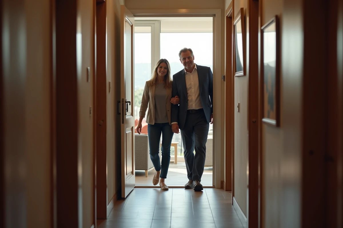 Agent immobilier accueillant un jeune couple devant une porte d