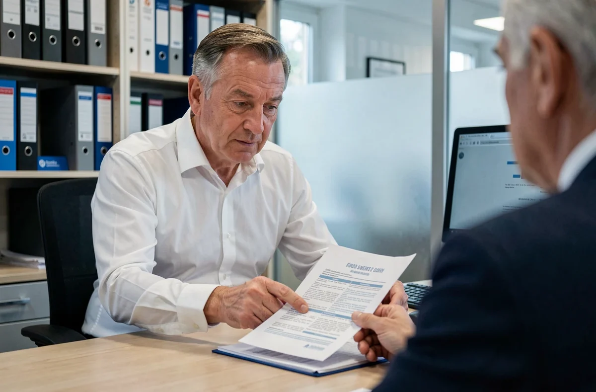 Agent d'assurance expliquant les garanties d'un contrat d'assurance habitation à un client dans son bureau
