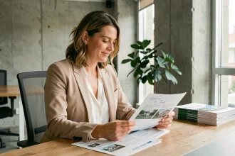 Femme agent immobilier analysant des annonces immobilières sur un bureau moderne dans un marché tendu