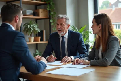 Agent immobilier en costume bleu discutant avec un couple