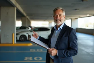 Agent immobilier présentant un garage avec un prix au m2 potentiellement surévalué