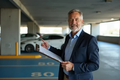 Agent immobilier présentant un garage avec un prix au m2 potentiellement surévalué