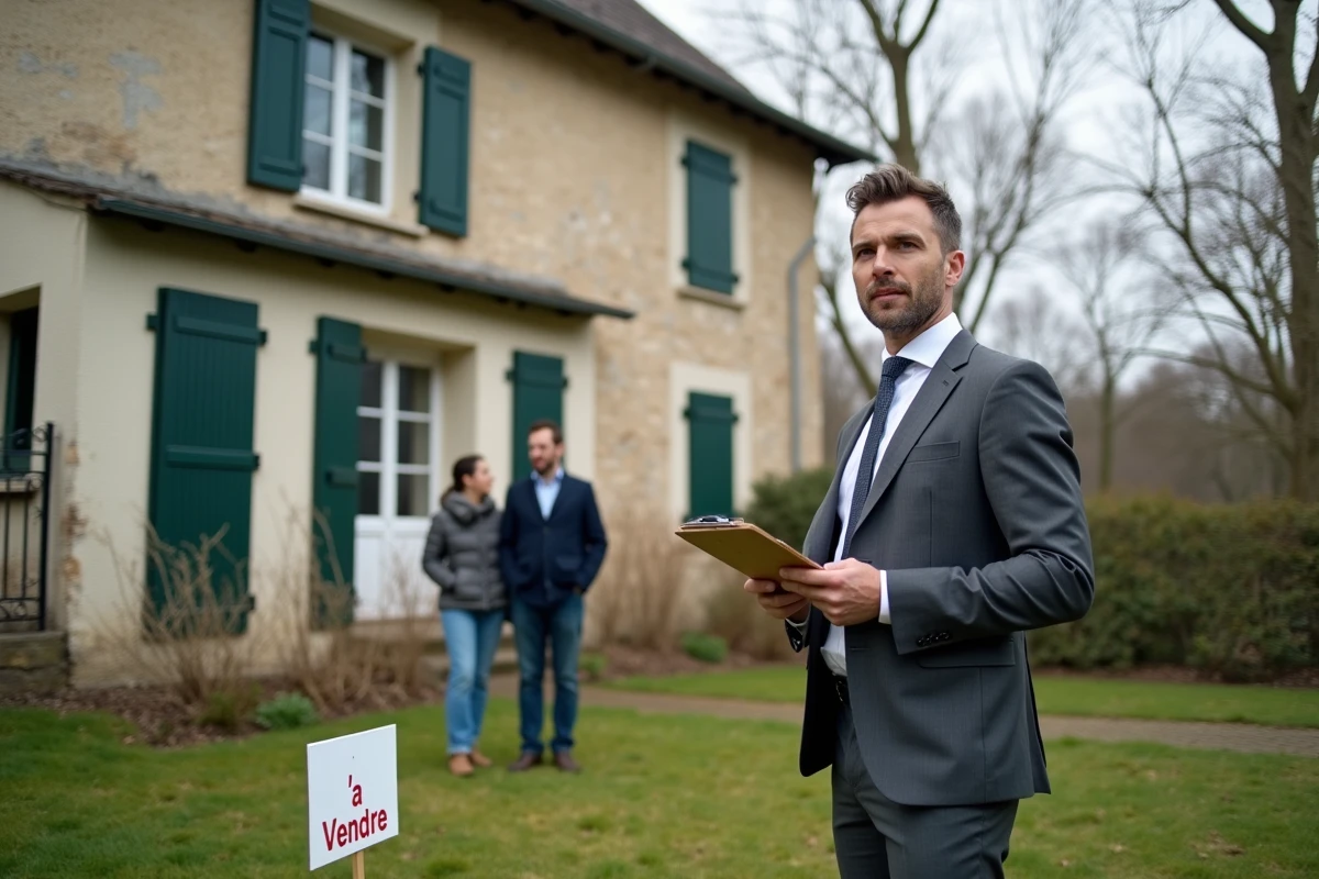 Agent immobilier présentant une maison en pierre lorraine à vendre en Moselle avec panneau À Vendre