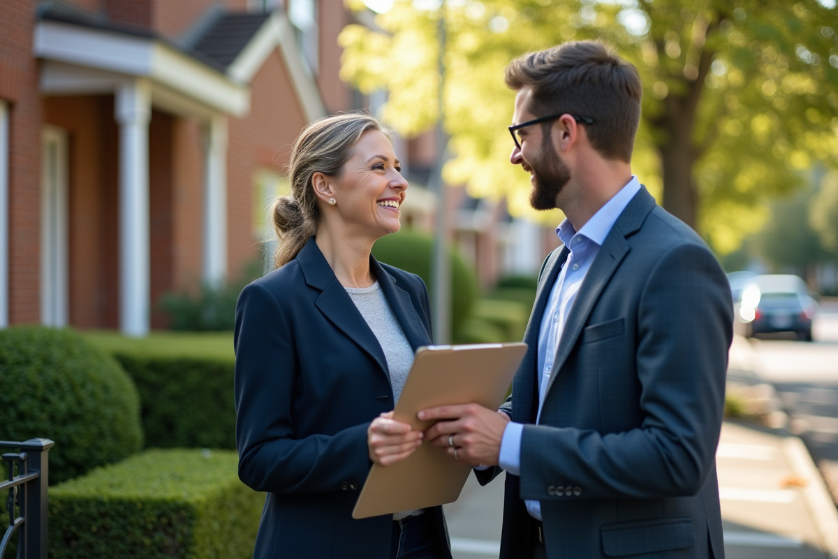 Agent immobilier remettant un clipboard à un jeune homme devant une maison
