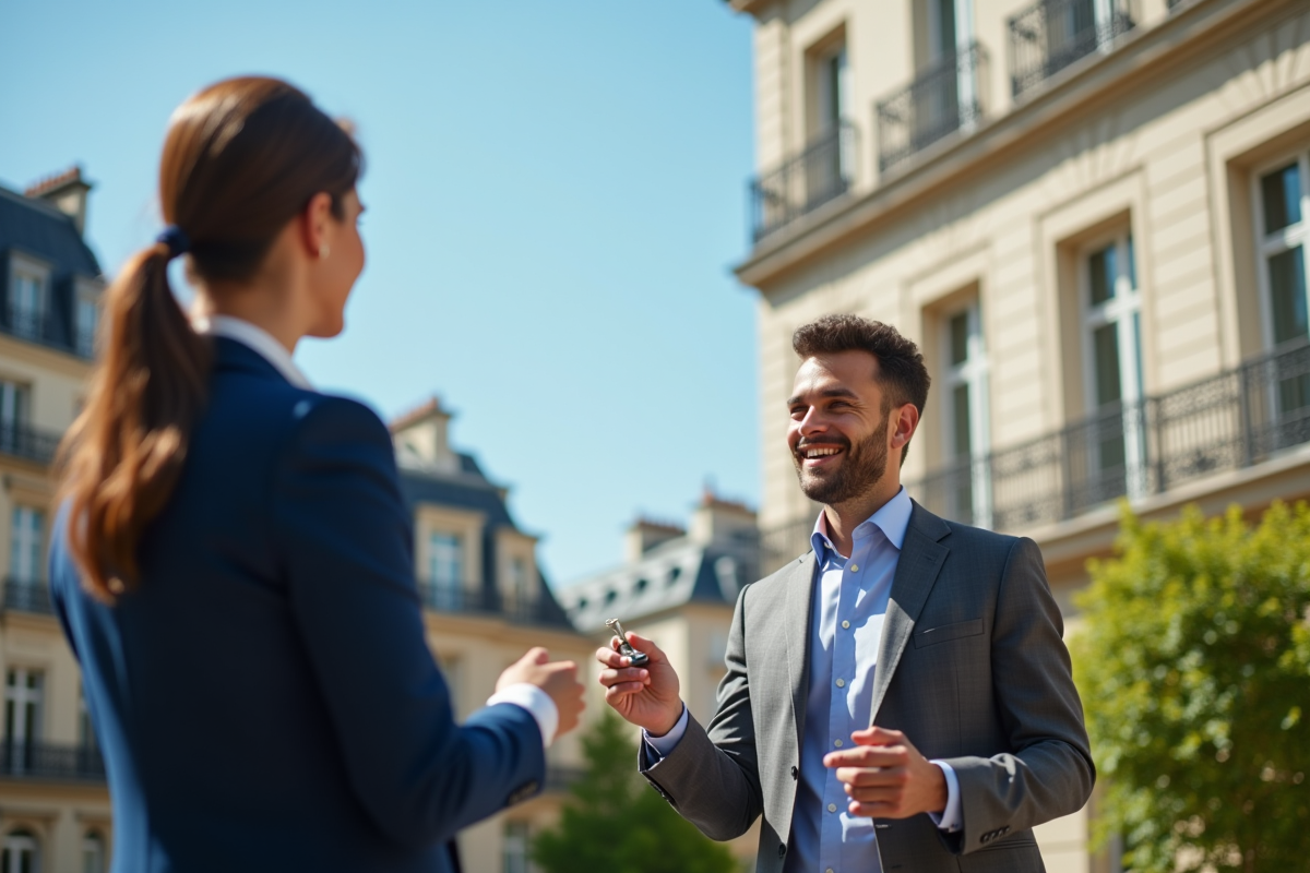 Agent immobilier remettant des clés à un propriétaire souriant devant un immeuble parisien