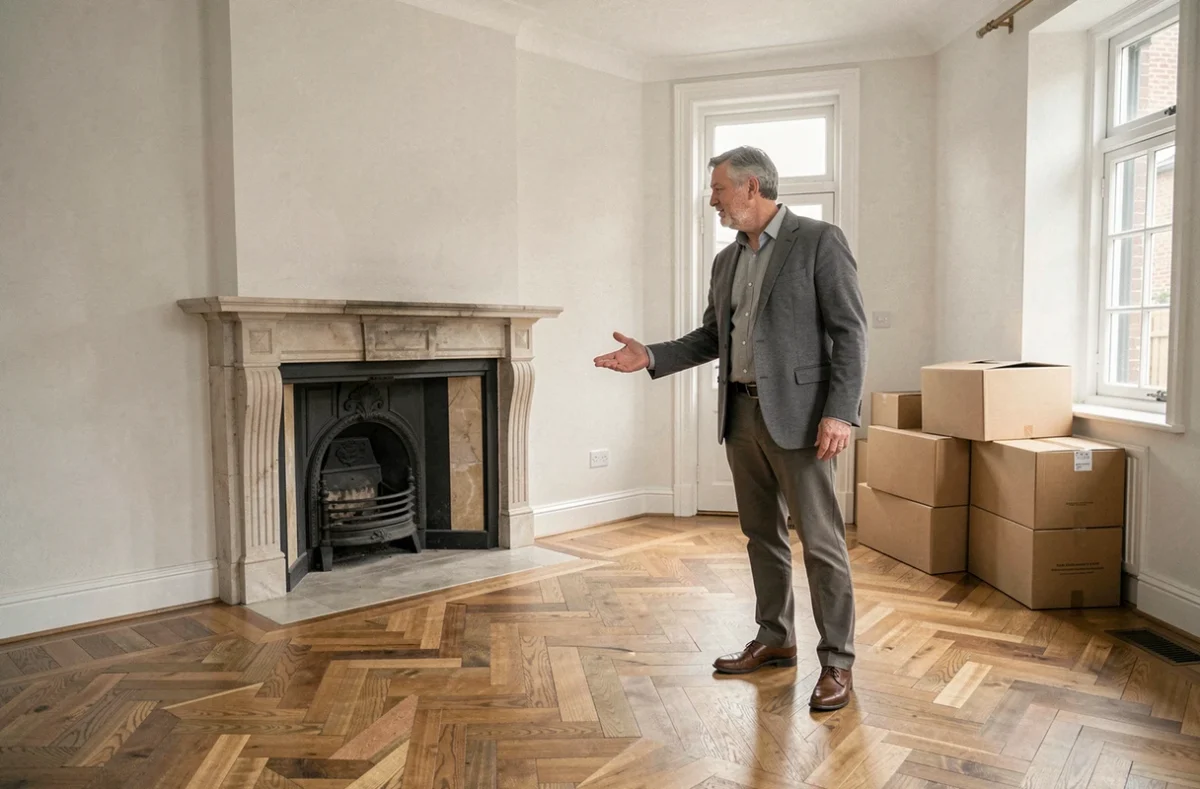 Agent immobilier présentant une maison vide dans le Calvados à un acheteur potentiel, vente accélérée dans le cadre d'un divorce