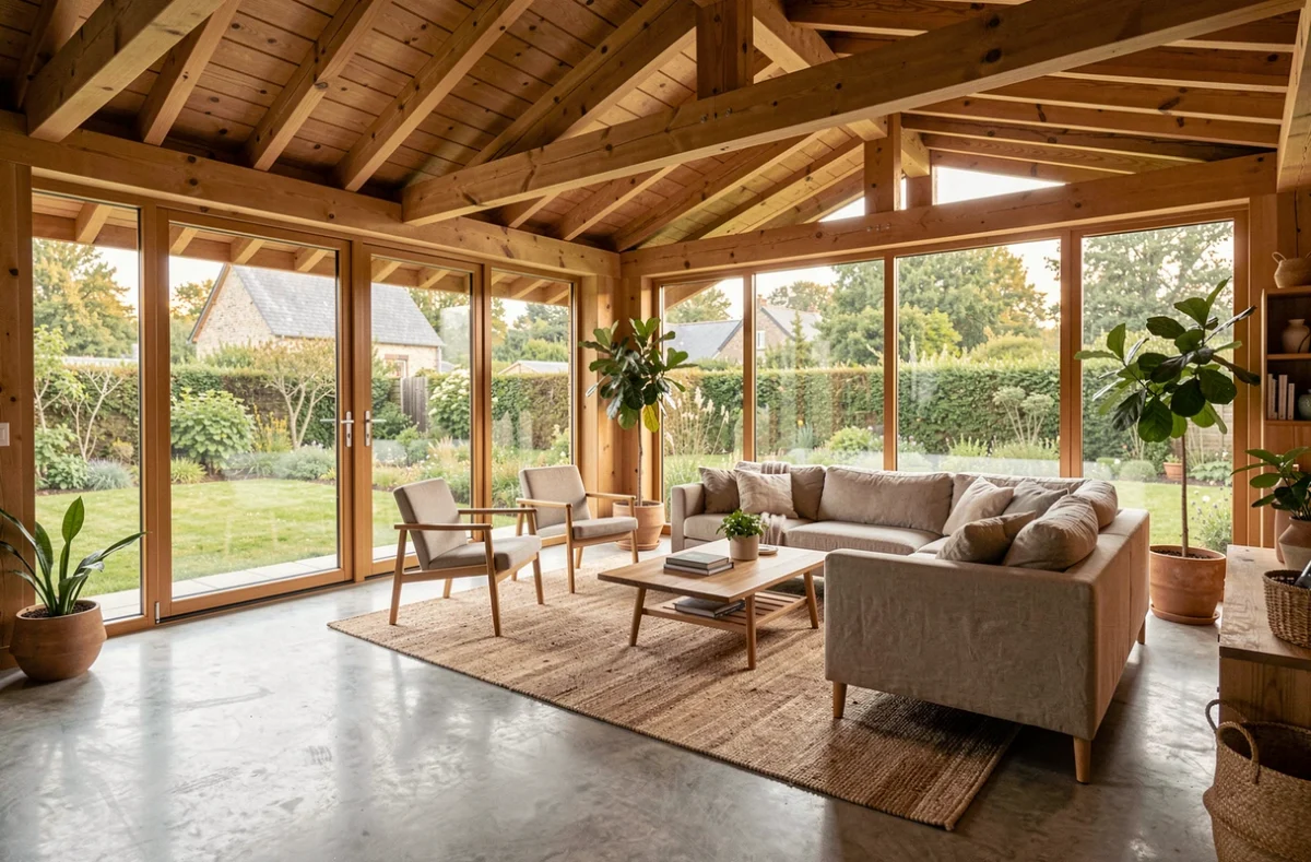 Intérieur d'une maison Akabois avec plafond en poutres de bois apparentes, sol béton et baies vitrées sur jardin breton