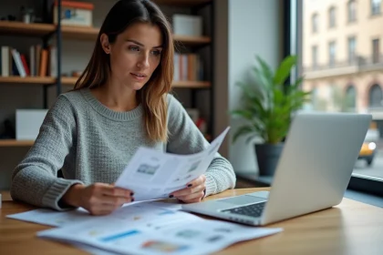 Femme analysant des documents immobiliers et des annonces en ligne pour détecter des surcotes sur son bureau à domicile