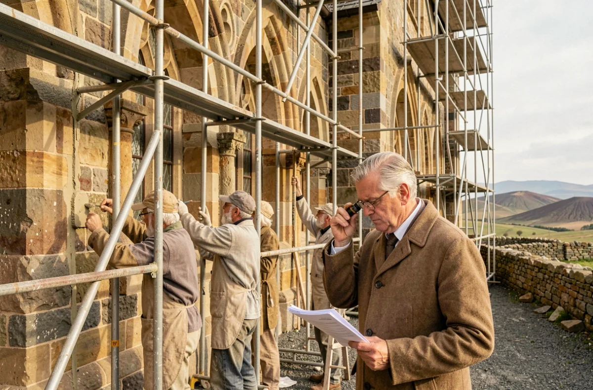 Architecte du patrimoine examinant la maçonnerie en pierre d'un édifice historique en cours de restauration en Auvergne