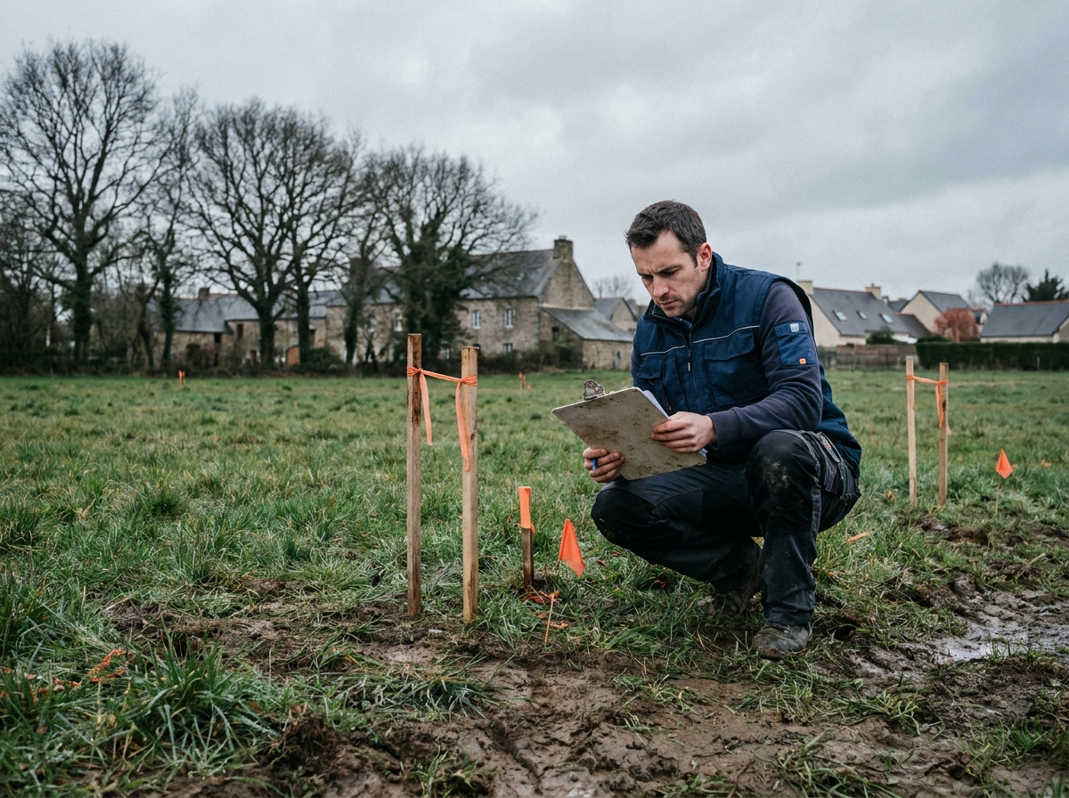 Architecte vérifiant le bornage d'un terrain constructible près de Rennes