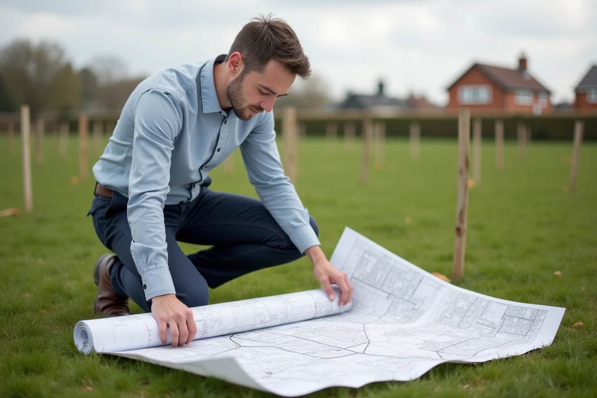 Architecte en plein travail sur un terrain avec plans et piquets