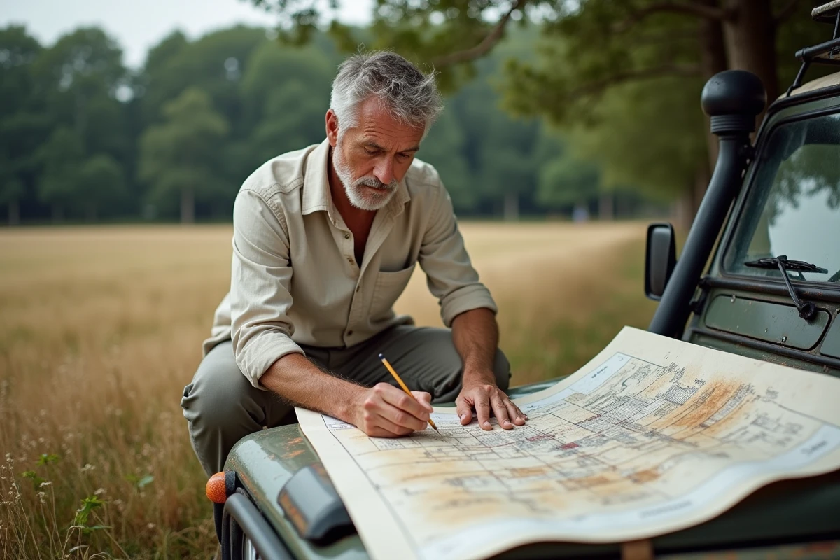 Architecte consultant un plan topographique en zone naturelle protégée lors d'une étude de faisabilité