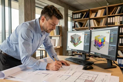 Architecte annotant des plans de construction sur une table de travail avec un logiciel BIM affiché sur écran double moniteur dans un bureau moderne