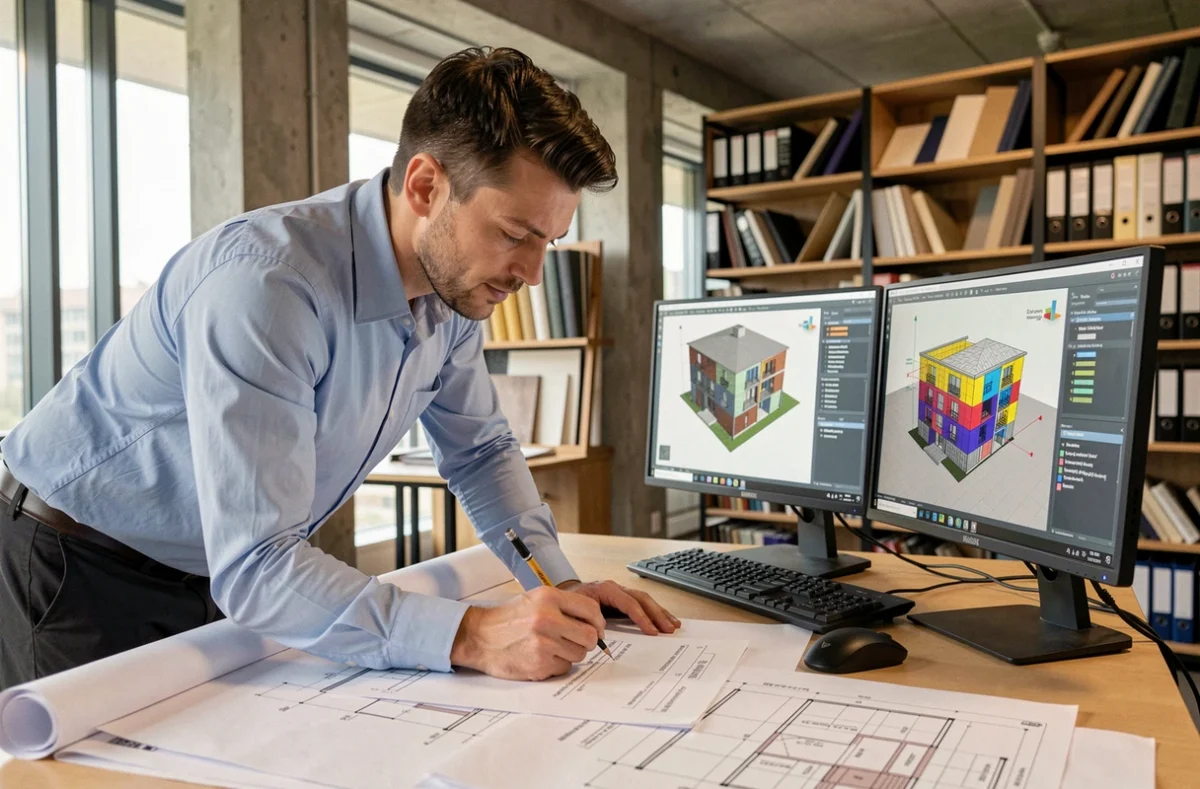 Architecte annotant des plans de construction sur une table de travail avec un logiciel BIM affiché sur écran double moniteur dans un bureau moderne