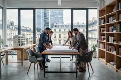 Bureau d'architectes en Auvergne-Rhône-Alpes avec maquettes et plans sur grandes tables de travail, vue sur Lyon en arrière-plan