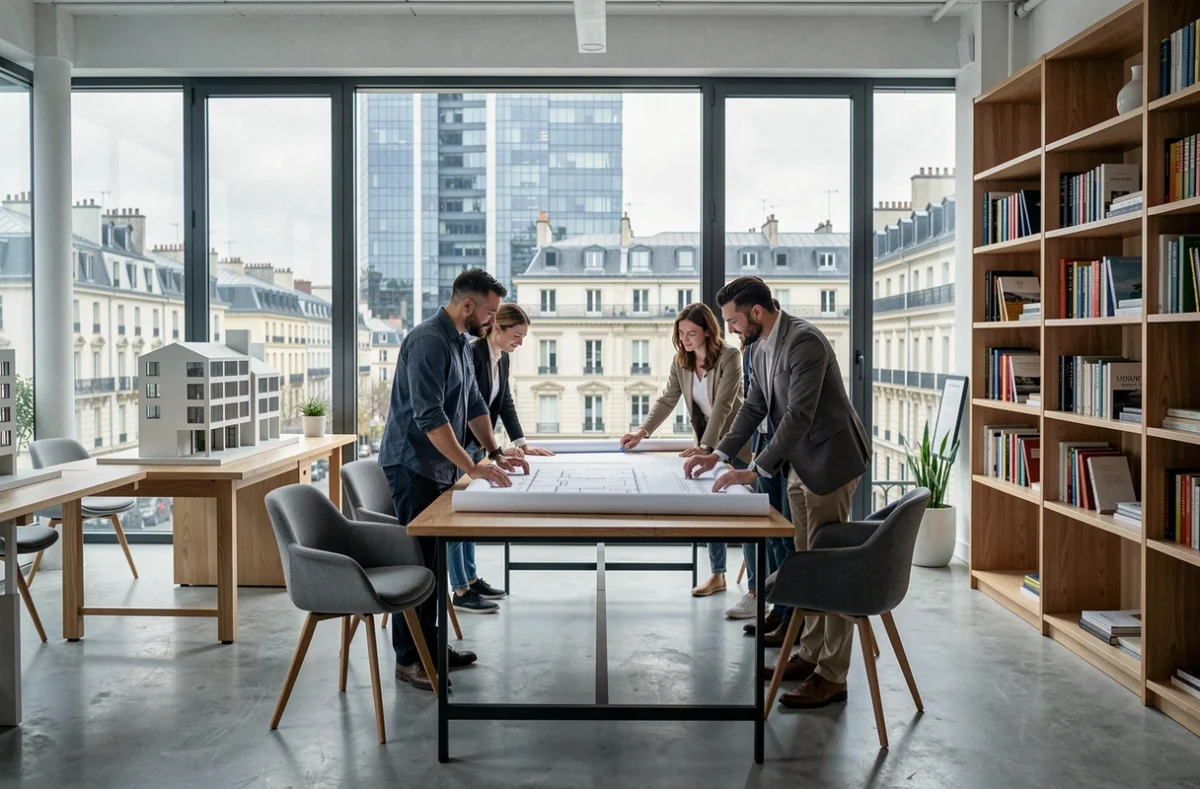 Bureau d'architectes en Auvergne-Rhône-Alpes avec maquettes et plans sur grandes tables de travail, vue sur Lyon en arrière-plan