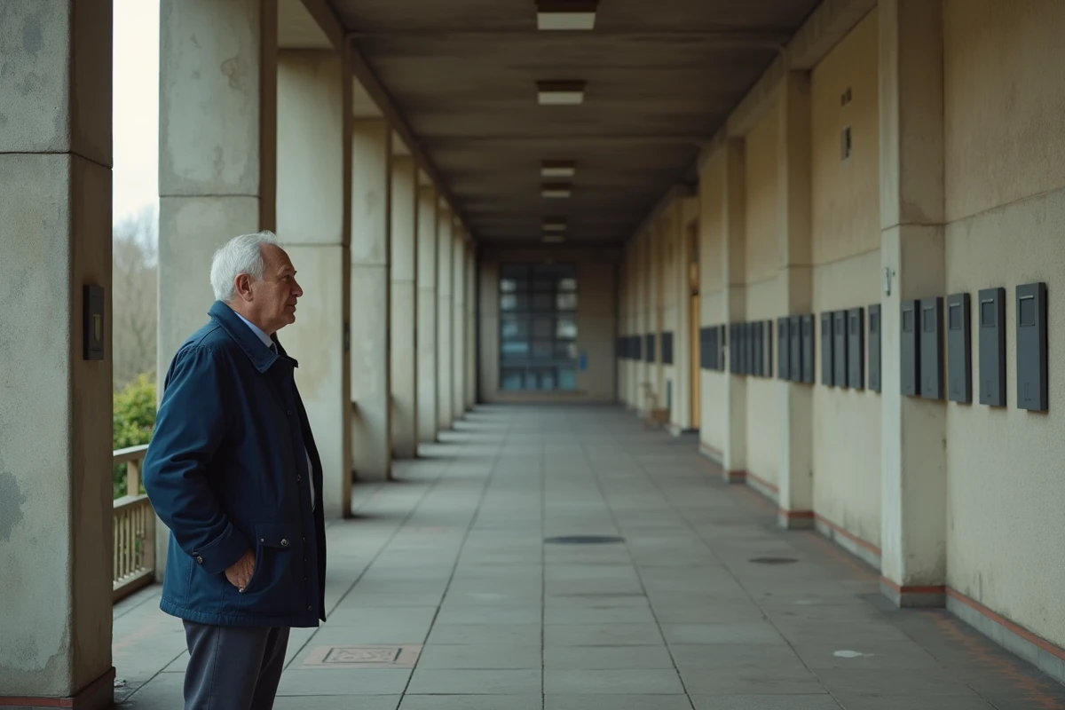 Homme contemplant l'architecture brutaliste des arcades de la Cité Pablo Picasso à Nanterre