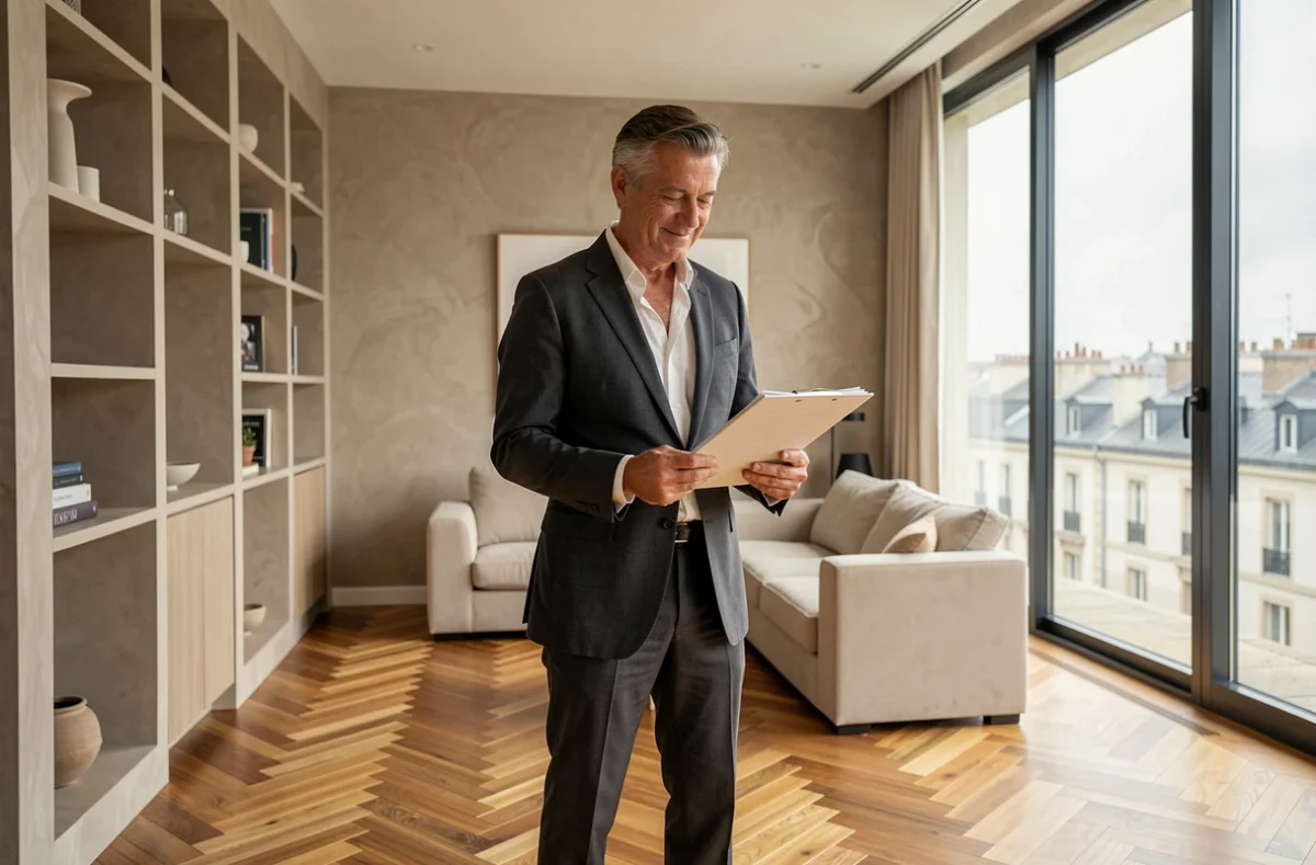 Architecte Didier Dalmas dans un intérieur contemporain parisien élégant avec parquet en chevrons et menuiseries sur mesure à Lyon