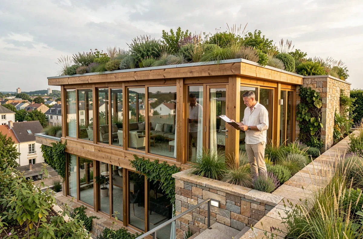 Architecte de l'Atelier Thierry Roche sur la toiture végétalisée d'un bâtiment bioclimatique à Villeurbanne
