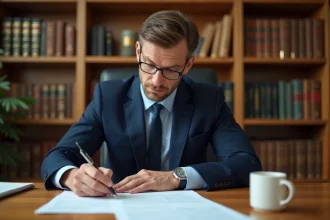 Avocat en costume marine relisant attentivement un bail commercial avant sa résiliation dans un cabinet juridique moderne