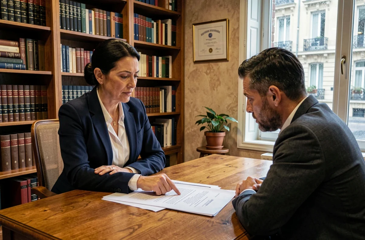 Avocate spécialisée en immobilier expliquant un vice caché à un client lors d'une consultation juridique