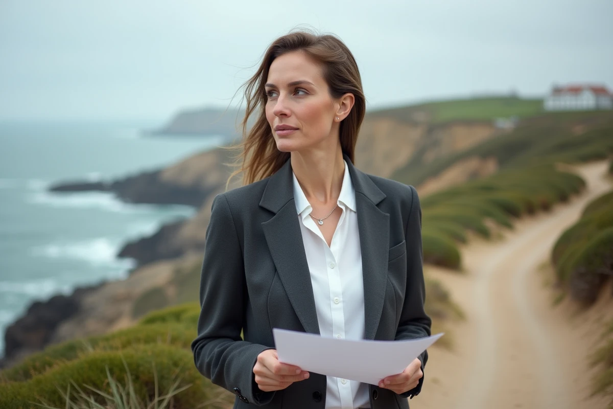 Avocate en droit immobilier consultant un document de mesure sur le littoral pour évaluer la distance réglementaire