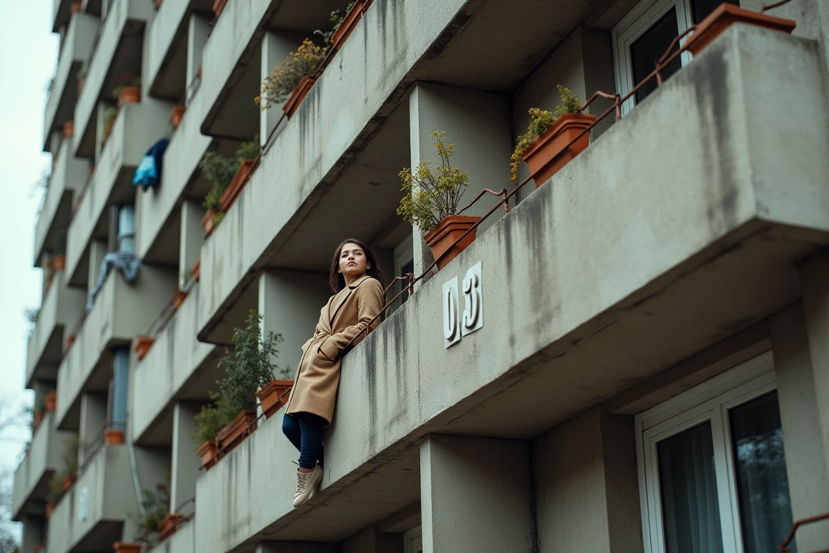 Détail des balcons en béton d'une tour de la Cité Pablo Picasso à Nanterre avec présence humaine