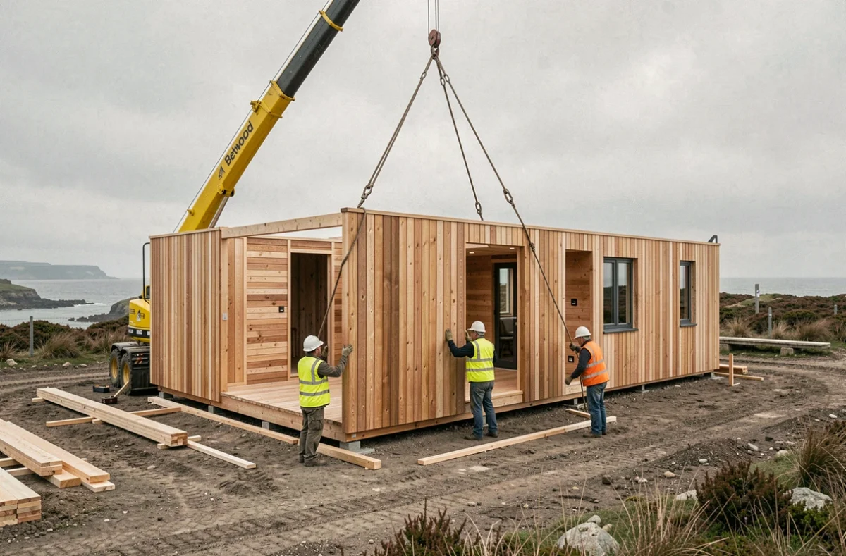 Montage de panneaux préfabriqués en bois d'une maison Betwood par une grue sur un chantier côtier breton
