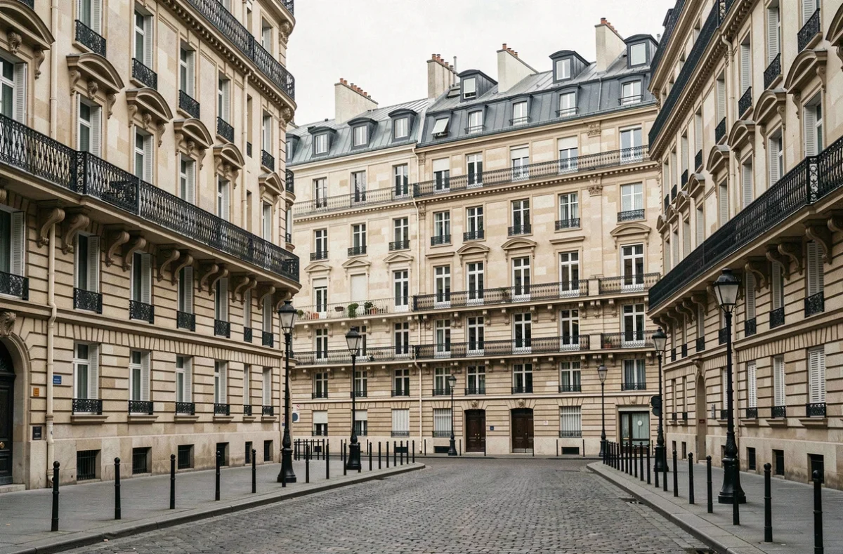 Vue en perspective d'un boulevard haussmannien montrant l'alignement uniforme des façades d'immeubles parisiens