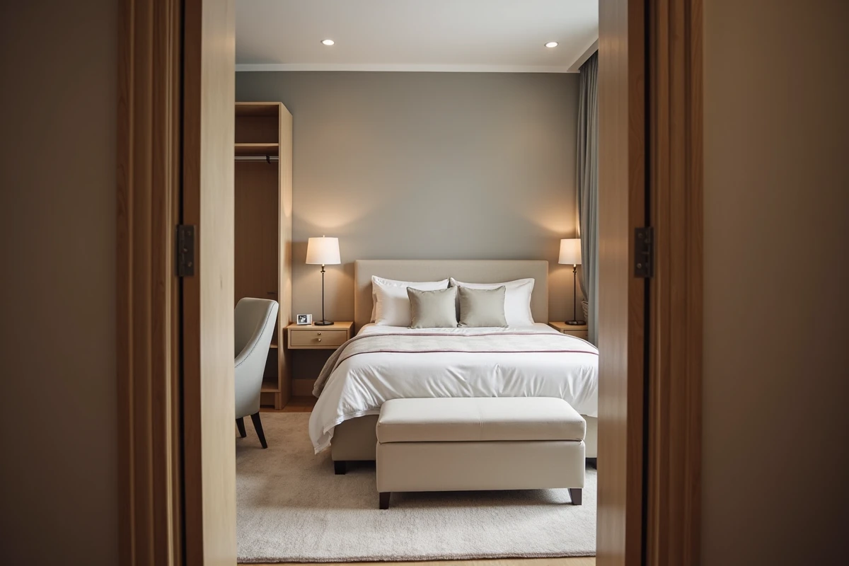 Chambre meublée confortable dans un appartement en location avec literie de qualité, armoire et fauteuil dépassant le minimum légal