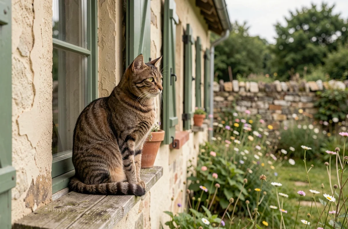 Chat tigré installé sur le rebord de fenêtre d'une petite maison de campagne à louer avec jardin dans le département de l'Eure
