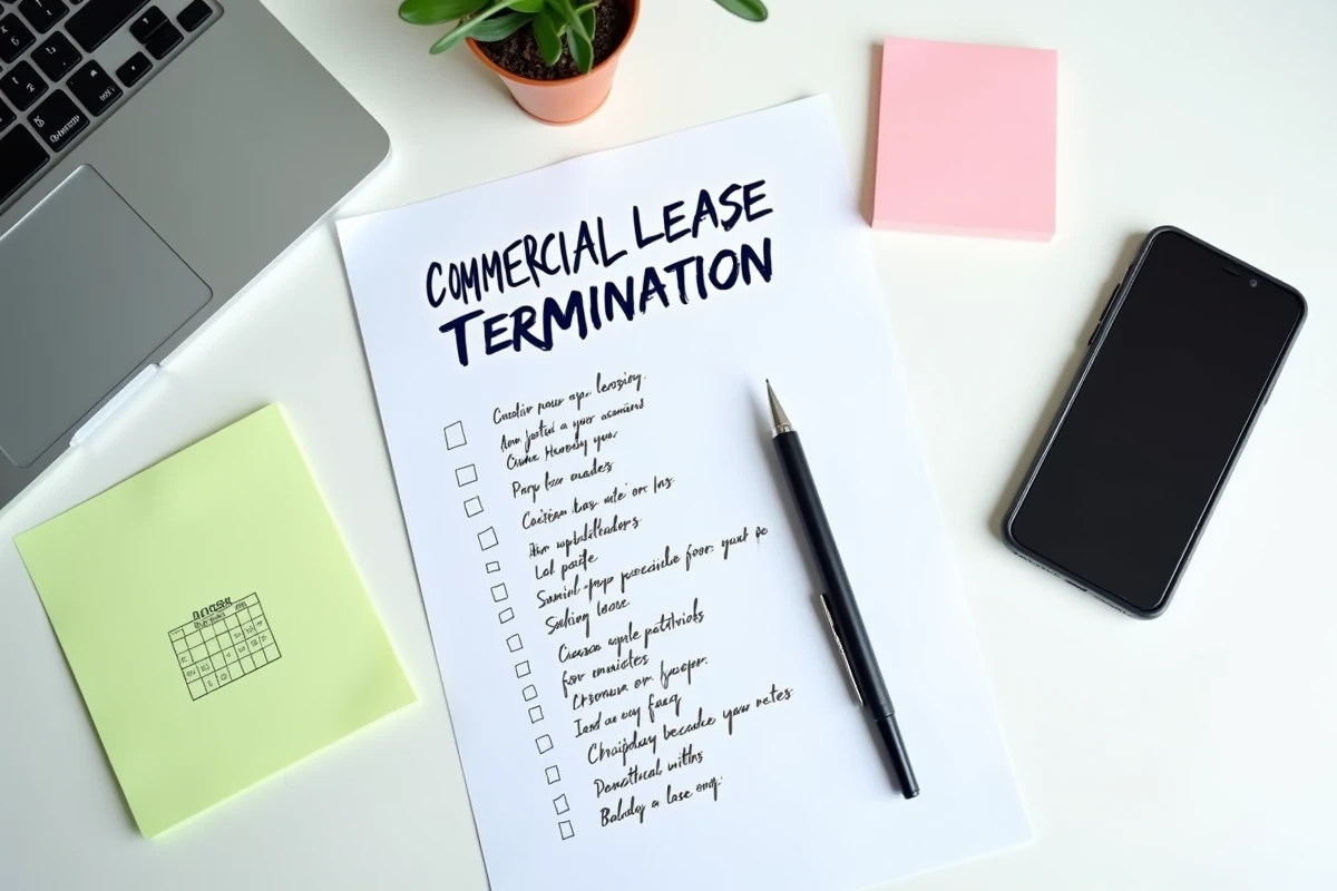 Vue de dessus d'une check-list juridique annotée pour la résiliation d'un bail commercial sur un bureau minimaliste