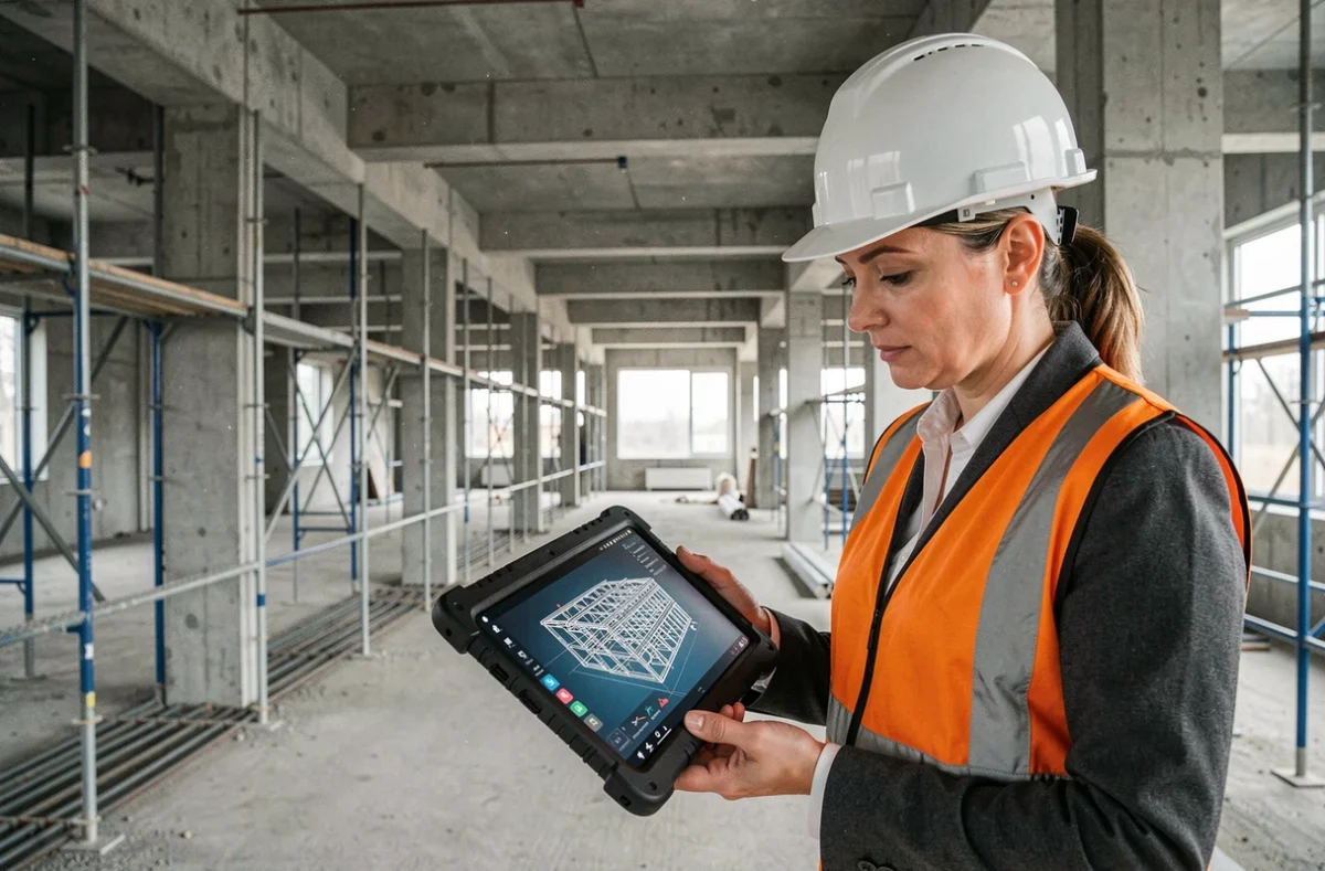 Chef de projet sur chantier de construction comparant une maquette BIM numérique sur tablette avec la structure réelle en béton et acier