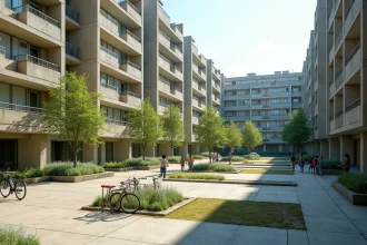 Vue panoramique de la Cité Pablo Picasso à Nanterre avec ses tours modernistes en béton et ses allées piétonnes arborées