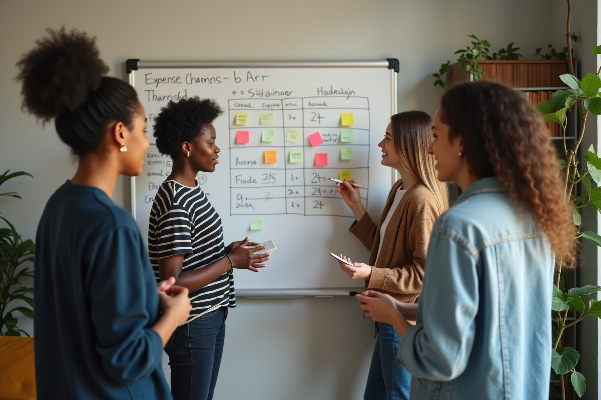 Groupe de colocataires discutant devant un tableau d