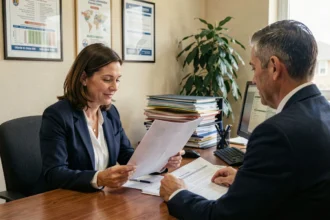 Femme consultant un avis de commission d'attribution de logement social face à un agent dans un bureau administratif municipal