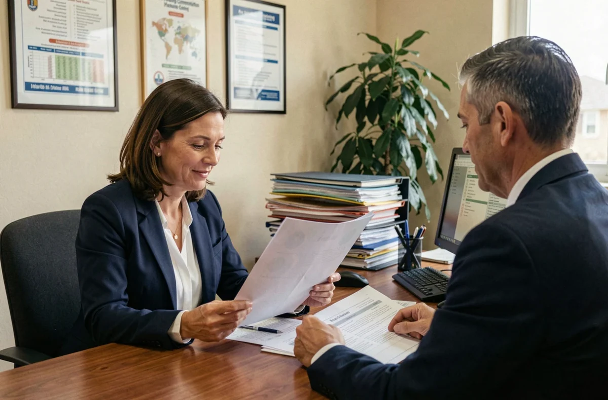 Femme consultant un avis de commission d'attribution de logement social face à un agent dans un bureau administratif municipal
